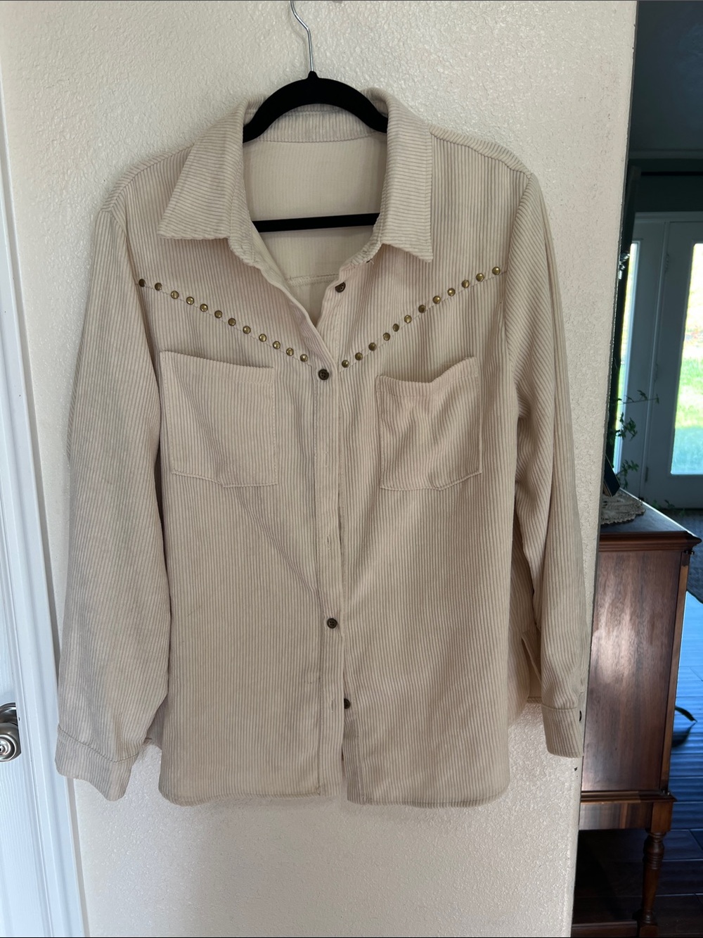 Beige Corduroy Stud-Trim Button Front Shirt